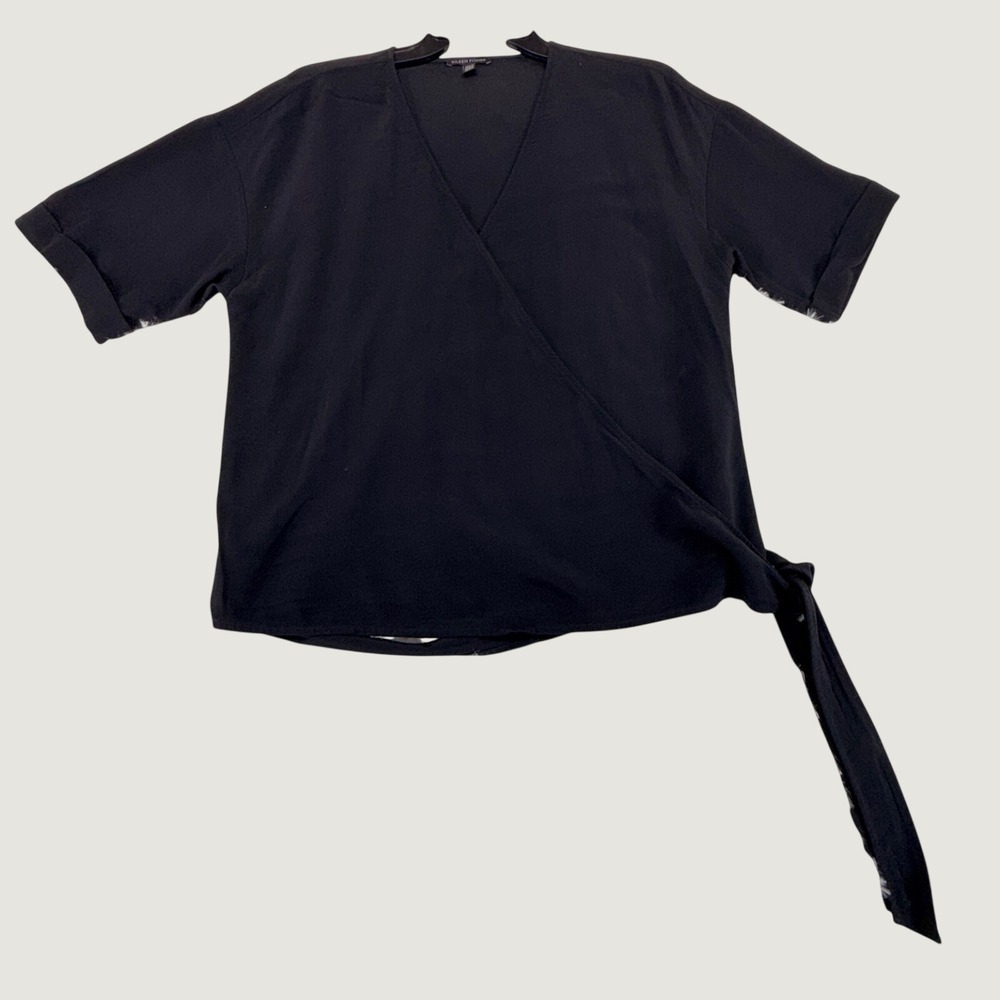 Eileen Fisher Black Tencel Viscose Wrap Side‎ Tie Short Sleeve Blouse S